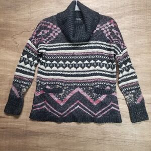 Lucky Brand Womans Size M Turtleneck Pocket Sweater Black Red White Cowboy